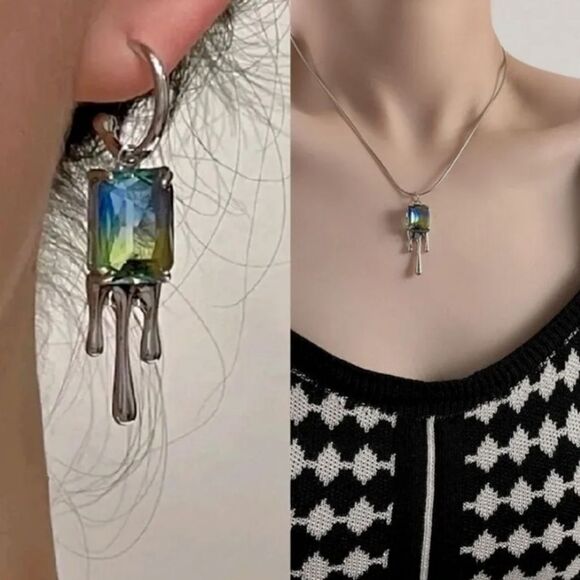 Ombre Blue Green Silver Dripping Necklace - Picture 2 of 2